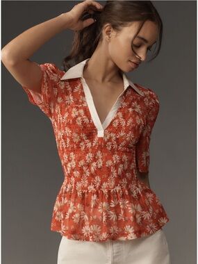 Anthropologie Maeve Short-Sleeve Smocked Polo Top